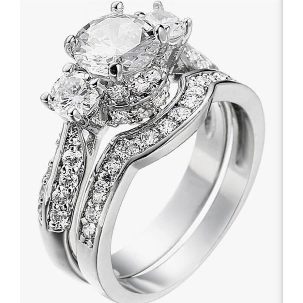 Wedding Band Engagement Ring Set for Women Round White AAA CZ Size 7
